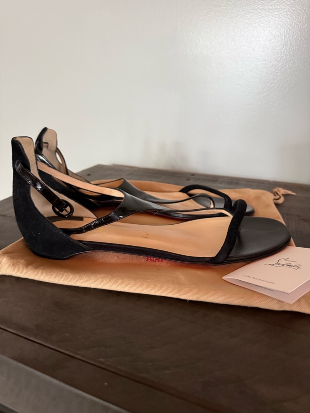 Christian Louboutin Black Leather & Suede Slingback Flat Sandals